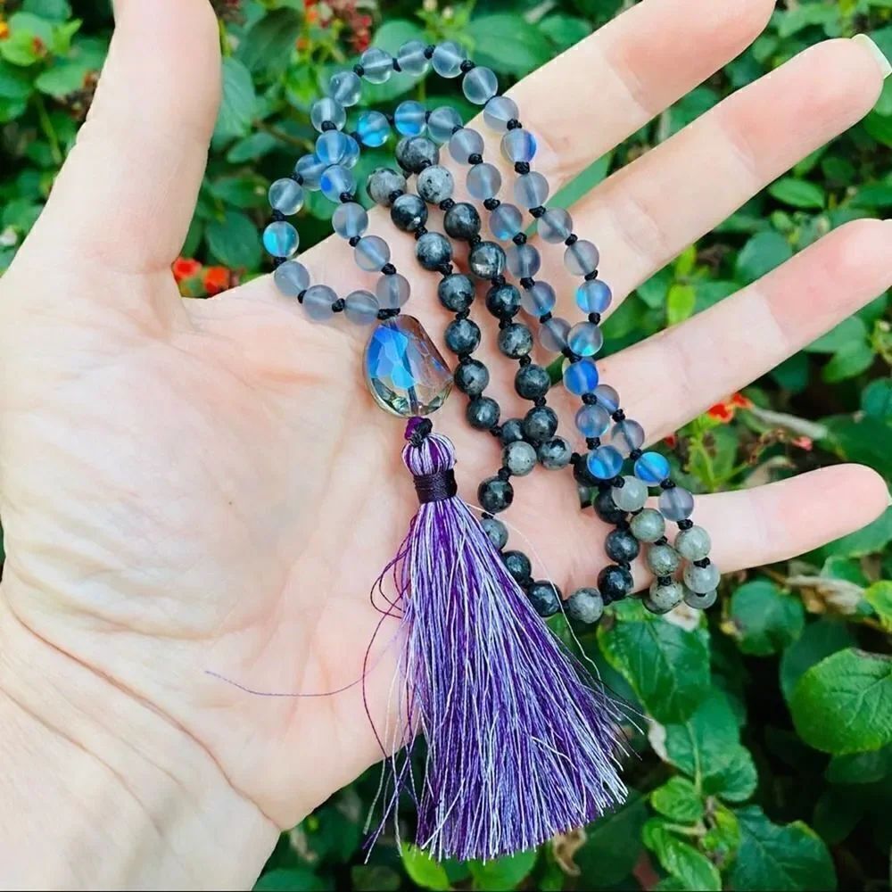 Spiritual Mystery Gemstone Mala Necklace Labradorite and Mermaid Glass